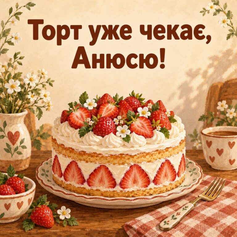 Торт уже чекає, Анюсю! - листівка з привітанням з Днем ангела Анни