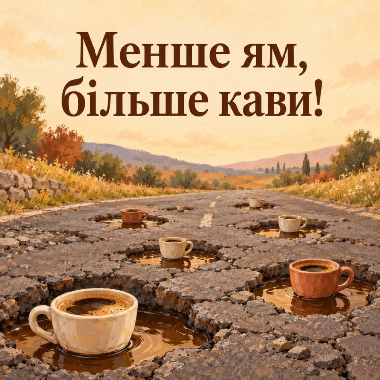 Менше ям, більше кави! - листівка з привітанням з Днем автомобіліста