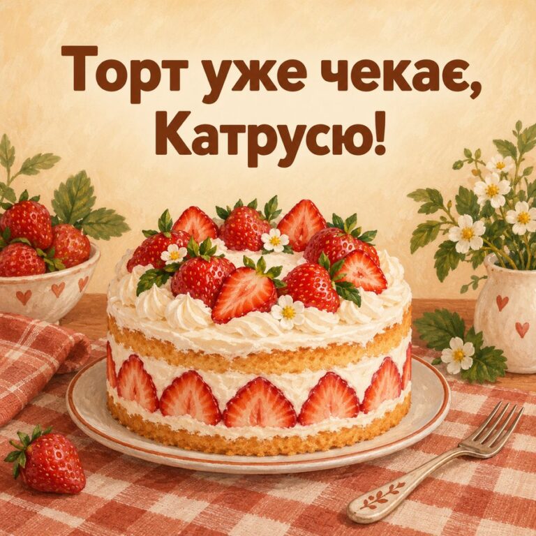 Торт уже чекає, Катрусю! - листівка з привітанням з Днем ангела Катерини