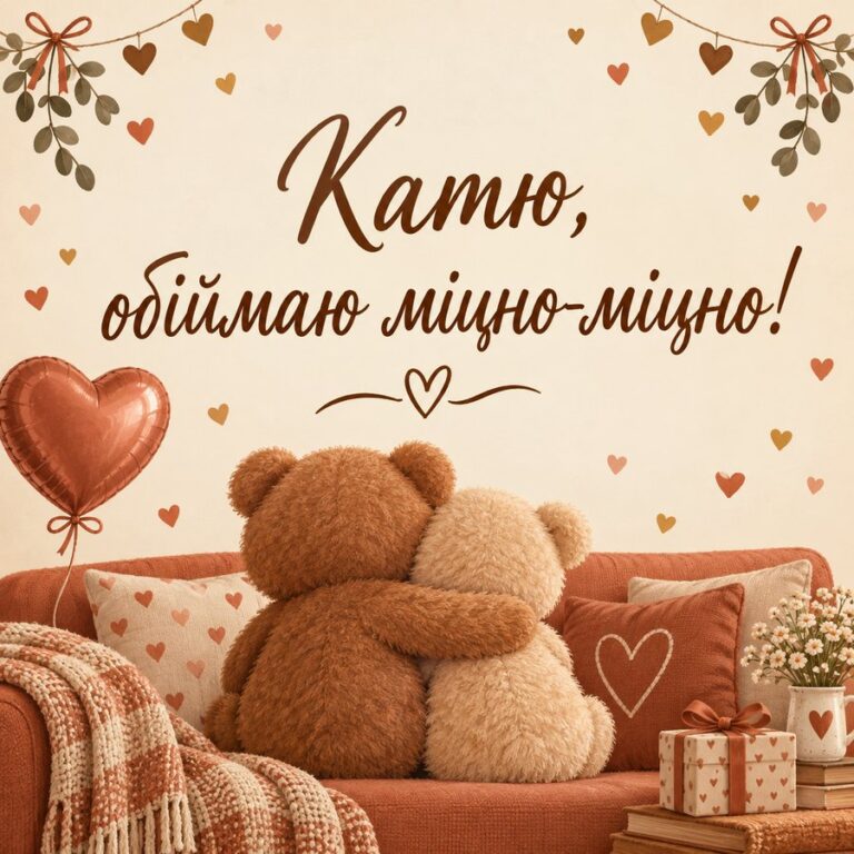 Катю, обіймаю міцно-міцно! - листівка з привітанням з Днем ангела Катерини