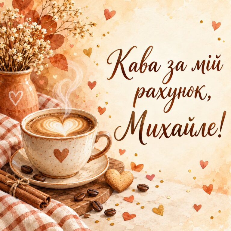 Кава за мій рахунок, Михайле! - листівка з привітанням з Днем ангела Михайла