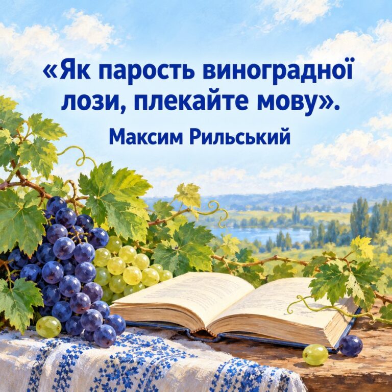 «Як парость виноградної лози, плекайте мову». Максим Рильський - листівка з привітанням з Днем української писемності та мови