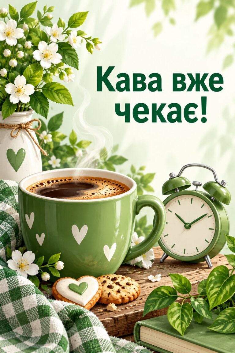Кава вже чекає! - листівка з привітанням з добрим ранком