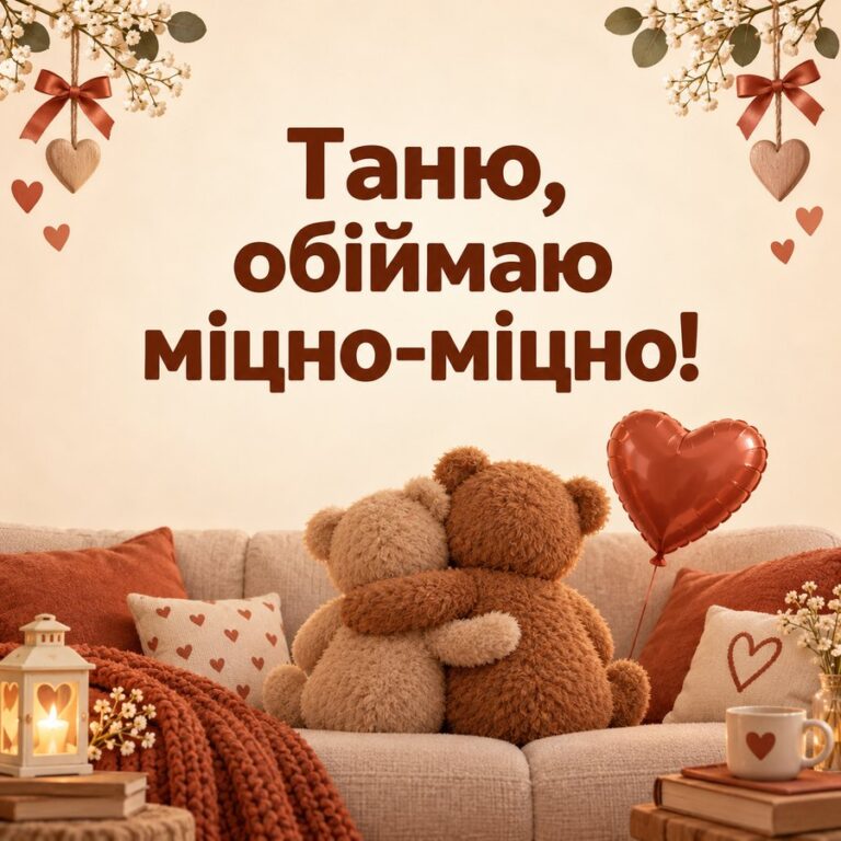 Таню, обіймаю міцно-міцно! - листівка з привітанням з Днем ангела Тетяни