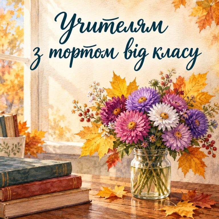 Учителям з тортом від класу - листівка з привітанням з Днем вчителя