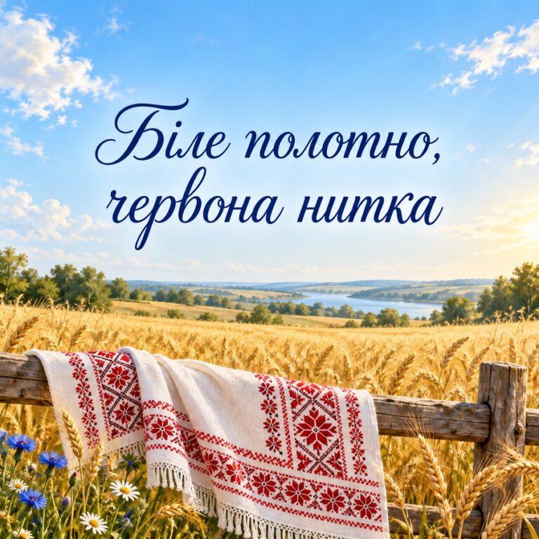 Біле полотно, червона нитка - листівка з привітанням з Днем вишиванки