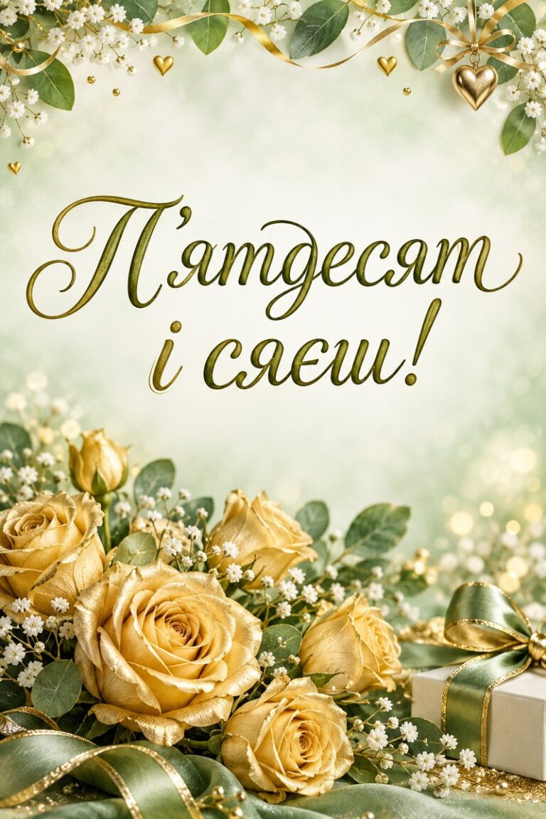 Пʼятдесят і сяєш! - листівка з привітанням з ювілеєм жінці