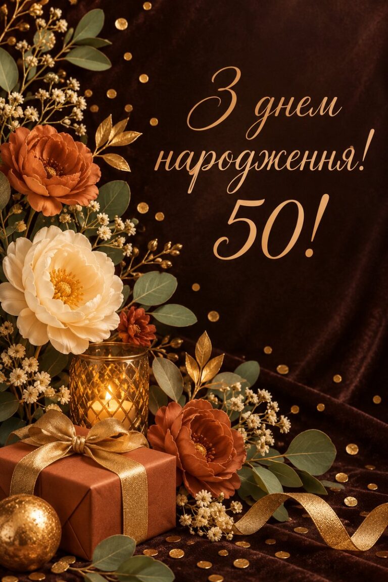 З днем народження! 50! - листівка з привітанням з ювілеєм жінці