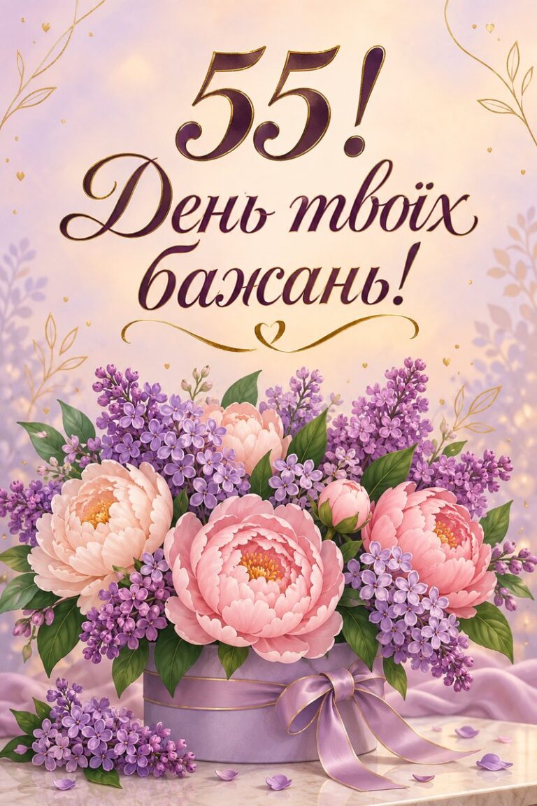 55! День твоїх бажань! - листівка з привітанням з ювілеєм жінці