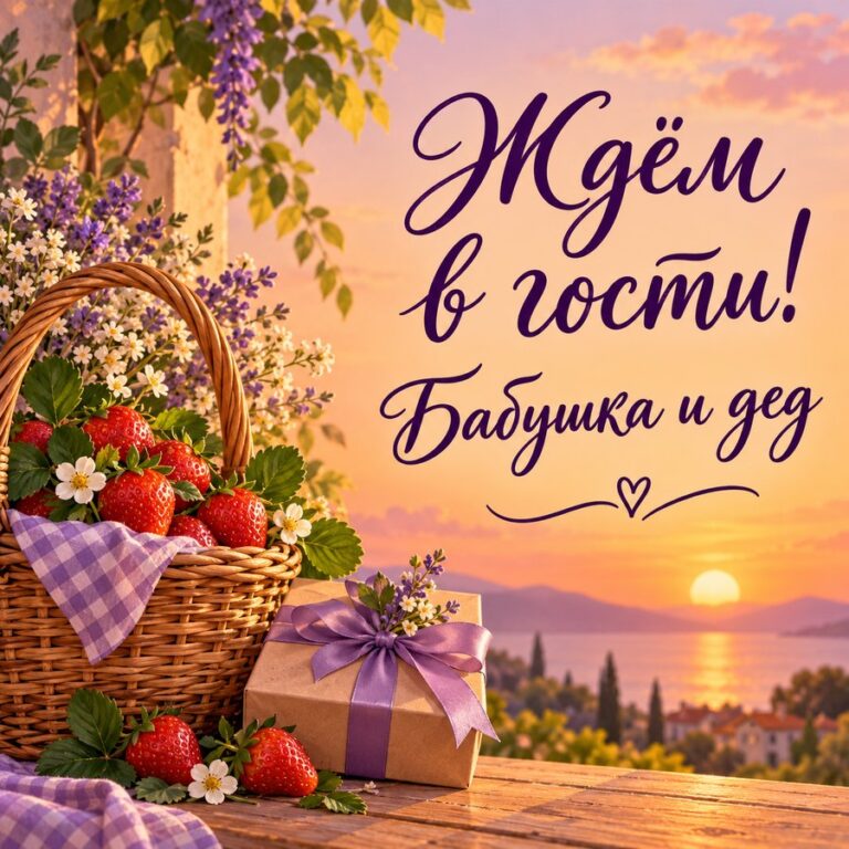 Ждём в гости! Бабушка и дед - открытка с поздравлением внучке