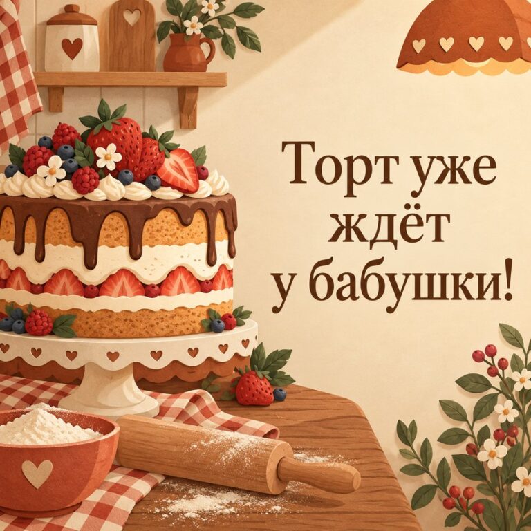 Торт уже ждёт у бабушки! - открытка с поздравлением внучке