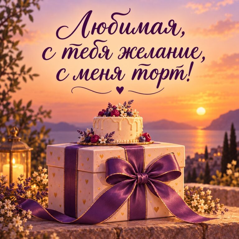Любимая, с тебя желание, с меня торт! - открытка с поздравлением жене