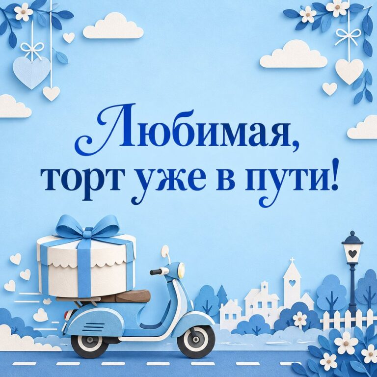Любимая, торт уже в пути! - открытка с поздравлением жене