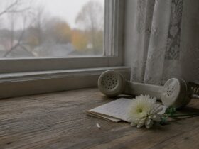 Телефонна трубка, записка і біла хризантема на підвіконні