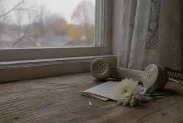 Телефонна трубка, записка і біла хризантема на підвіконні