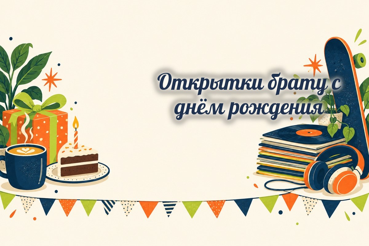 Открытки брату: кофе, торт, скейт и наушники