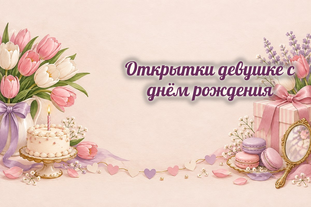 Открытки девушке: тюльпаны, торт, макаруны и зеркальце