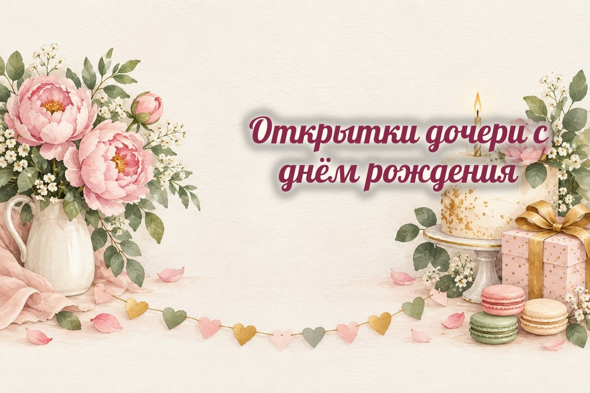 Открытки дочери: пионы, торт и макаруны
