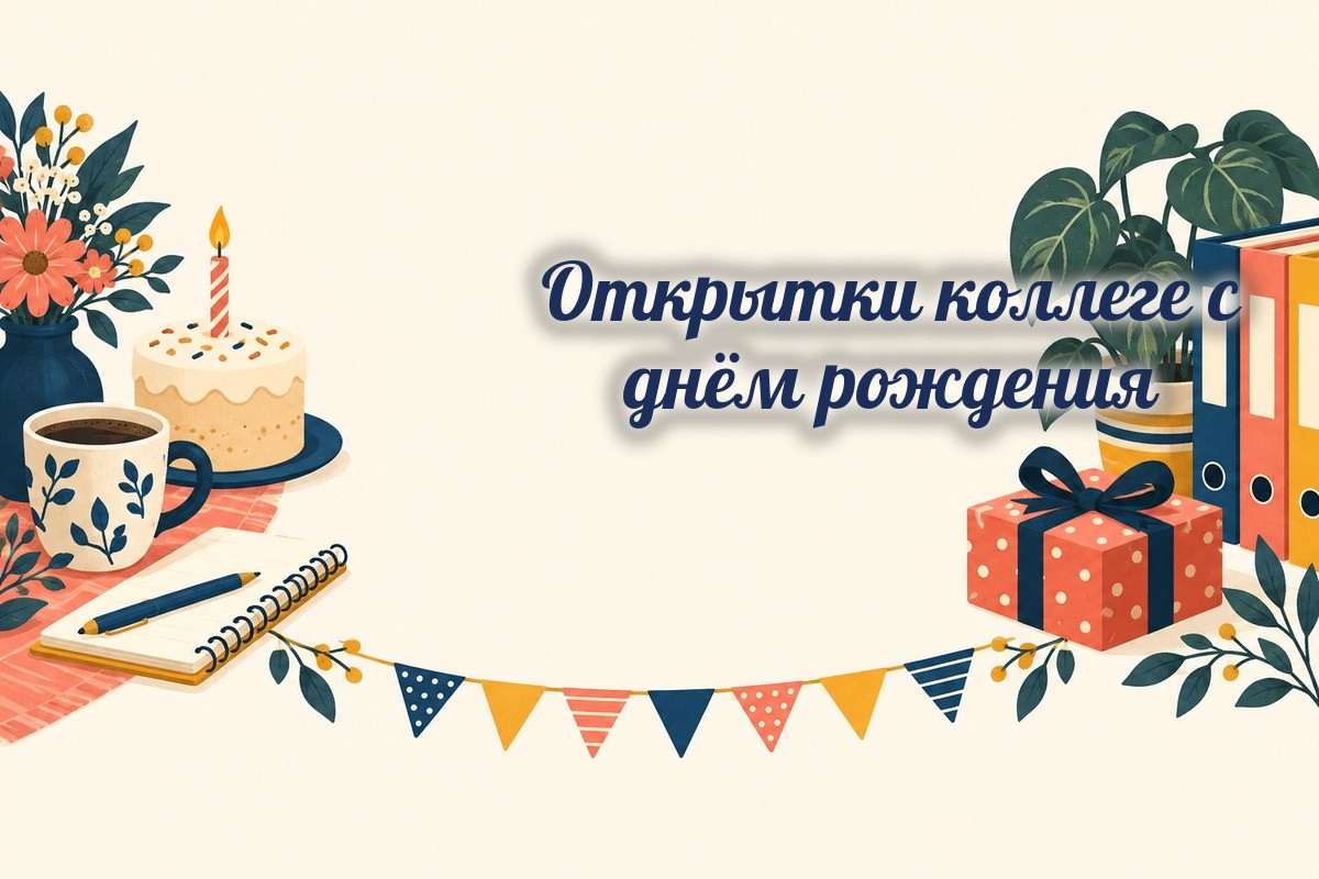 Открытки коллеге: кофе, блокнот, торт и подарок
