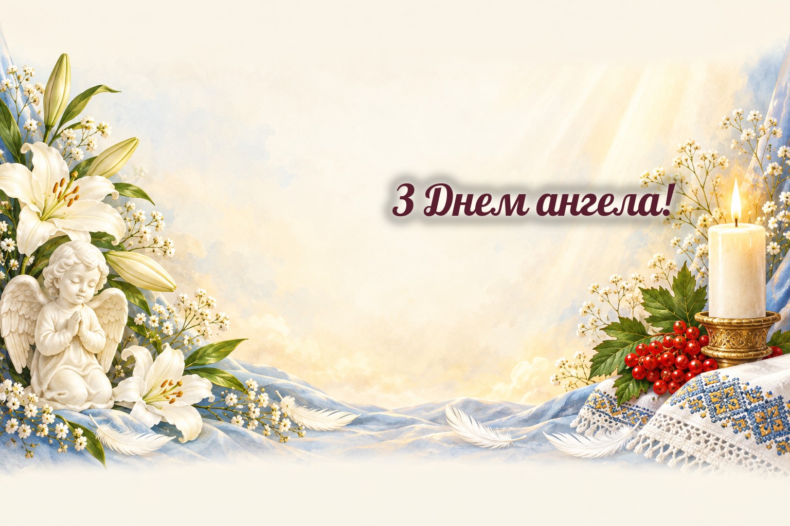 Листівки з Днем ангела: янгол, свічка і білі квіти
