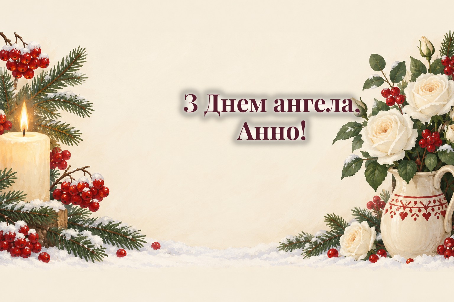 Листівки з Днем ангела Анни: свічка, зимові ягоди і білі квіти