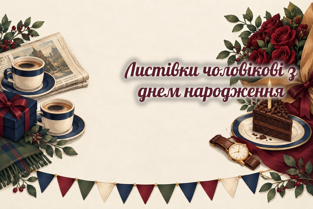 Листівки чоловікові: кава, подарунок, годинник і троянди