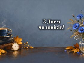 Листівки з Днем чоловіків: кава, годинник і листівка на деревʼяному столі