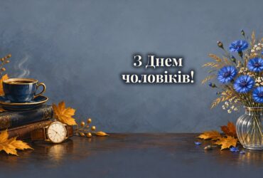 Листівки з Днем чоловіків: кава, годинник і листівка на деревʼяному столі