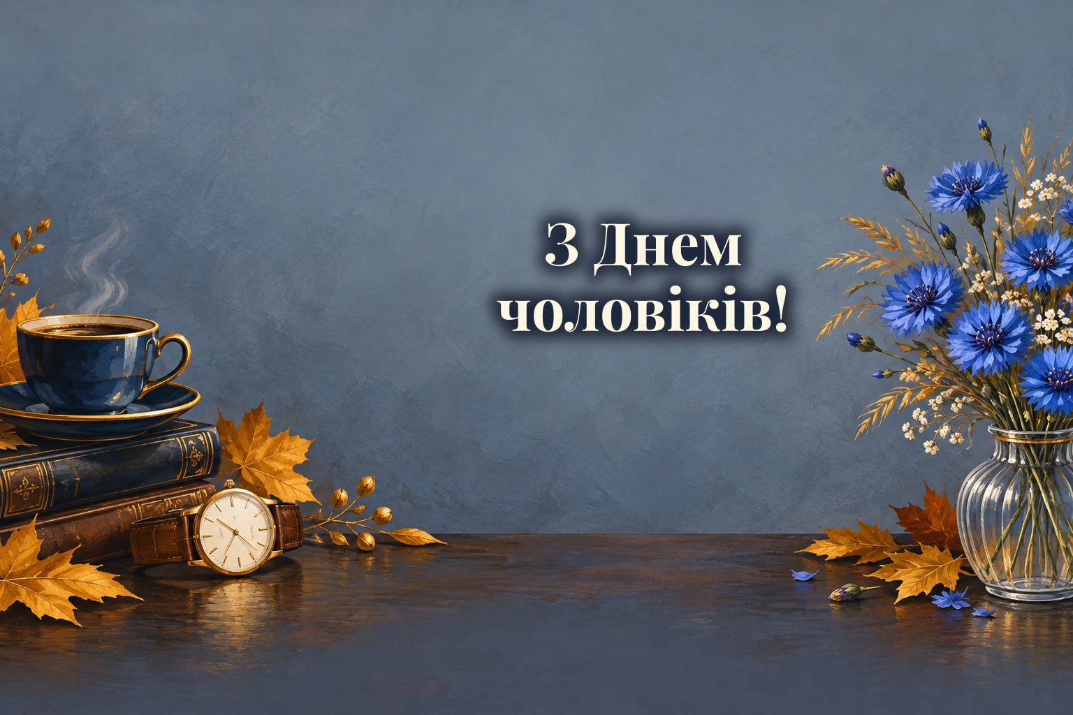 Листівки з Днем чоловіків: кава, годинник і листівка на деревʼяному столі