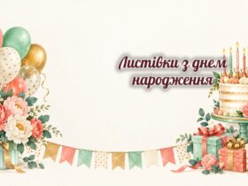 Листівки з днем народження: торт зі свічками, кульки і квіти