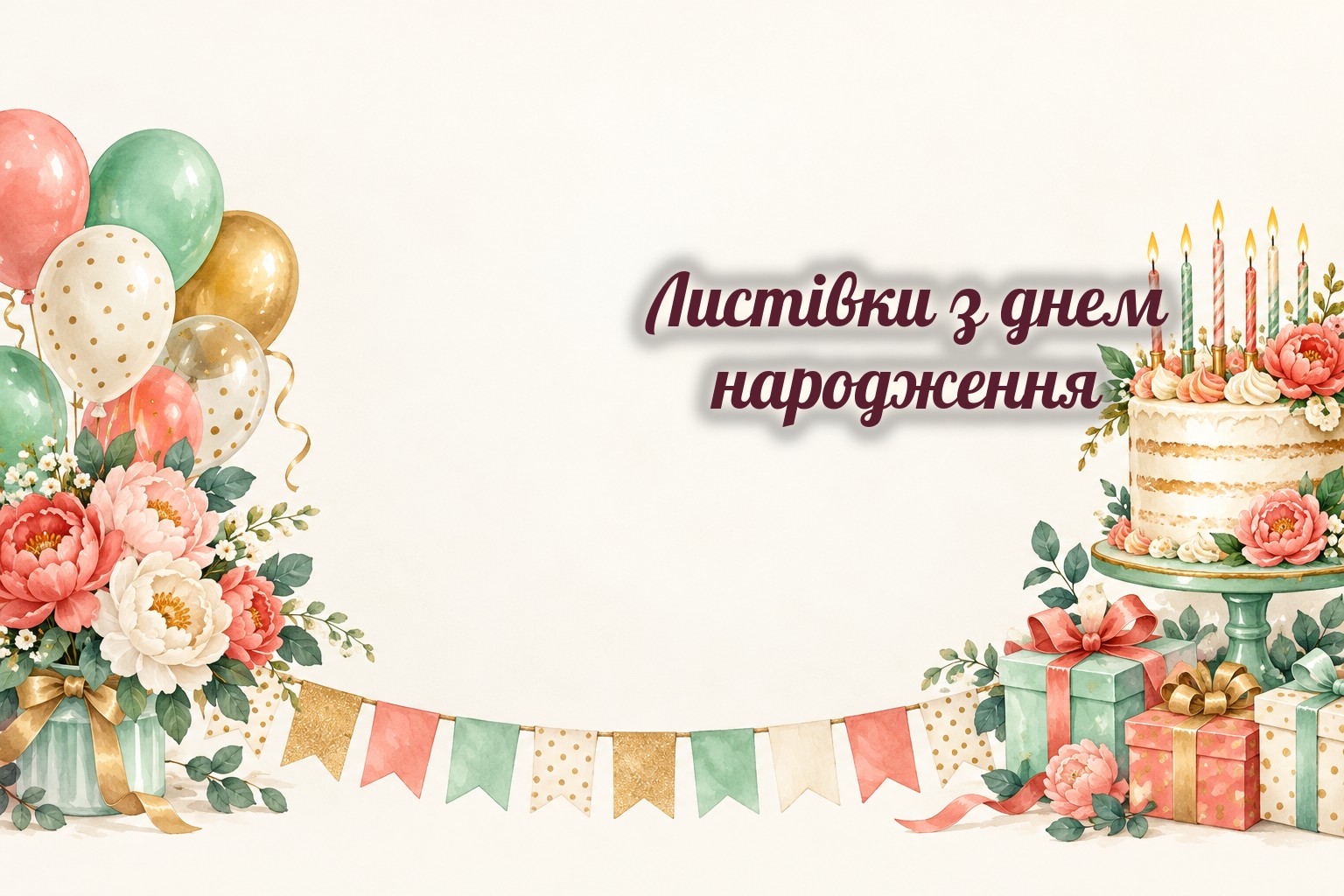 Листівки з днем народження: торт зі свічками, кульки і квіти