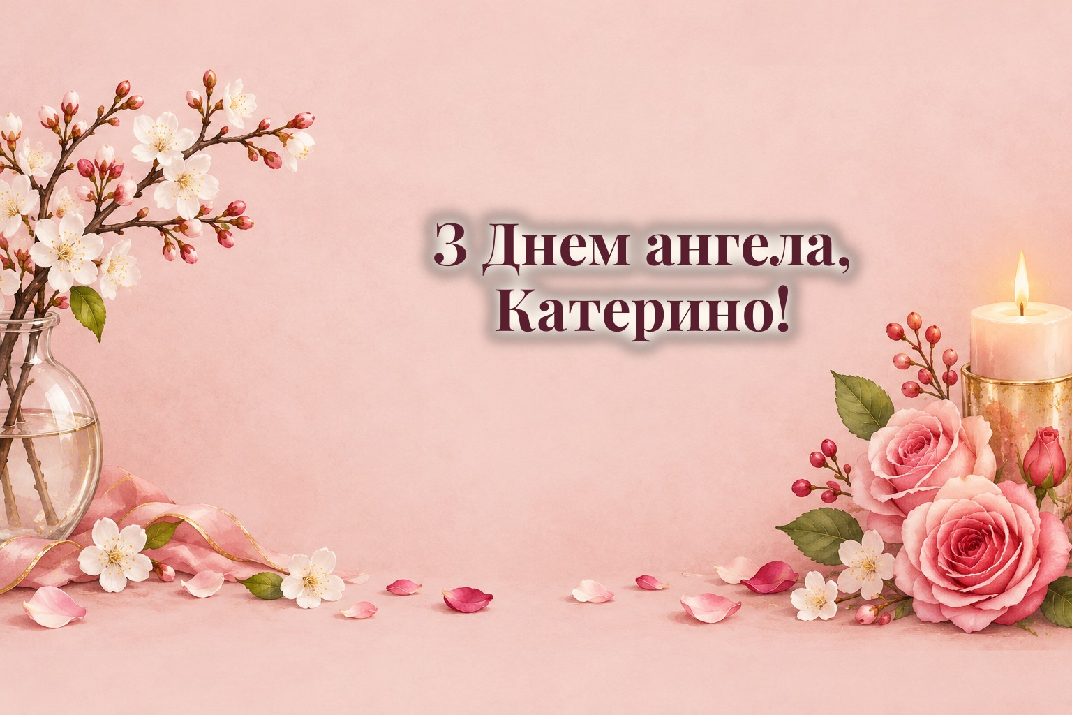 Листівки з Днем ангела Катерини: вишнева гілка у вазі, свічка й осінні квіти