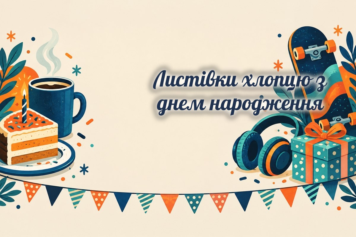 Листівки хлопцю: торт, кава, скейт і навушники