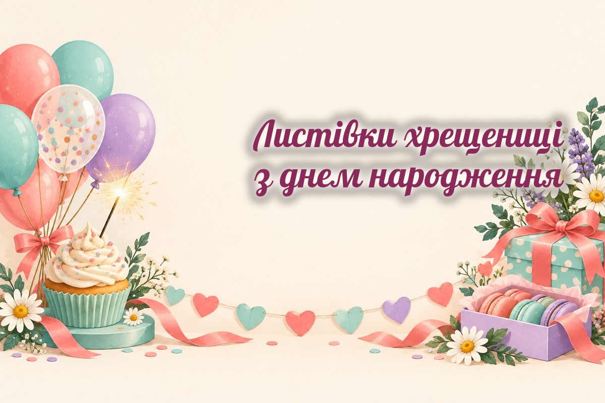 Листівки хрещениці: кульки, капкейк, ромашки і макаруни