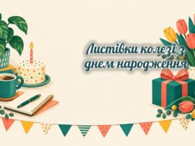 Листівки колезі: кава, блокнот, торт і тюльпани