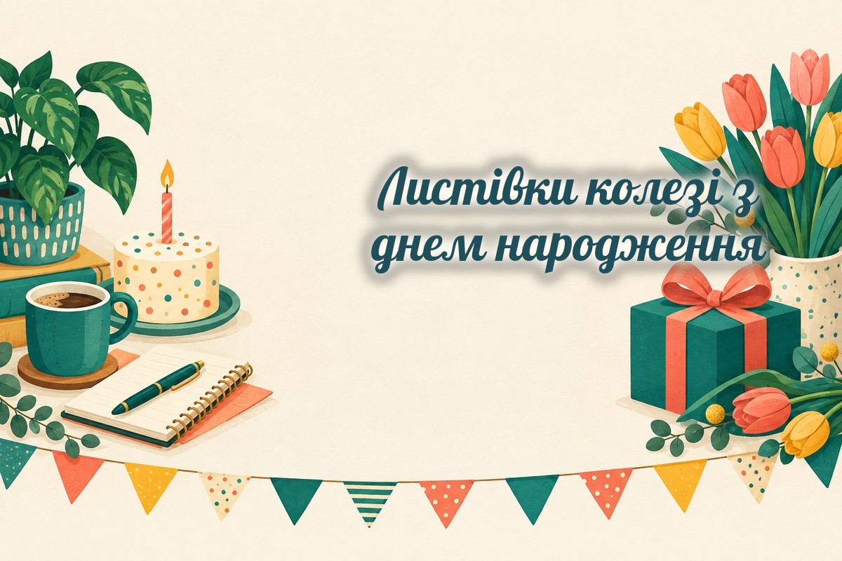 Листівки колезі: кава, блокнот, торт і тюльпани