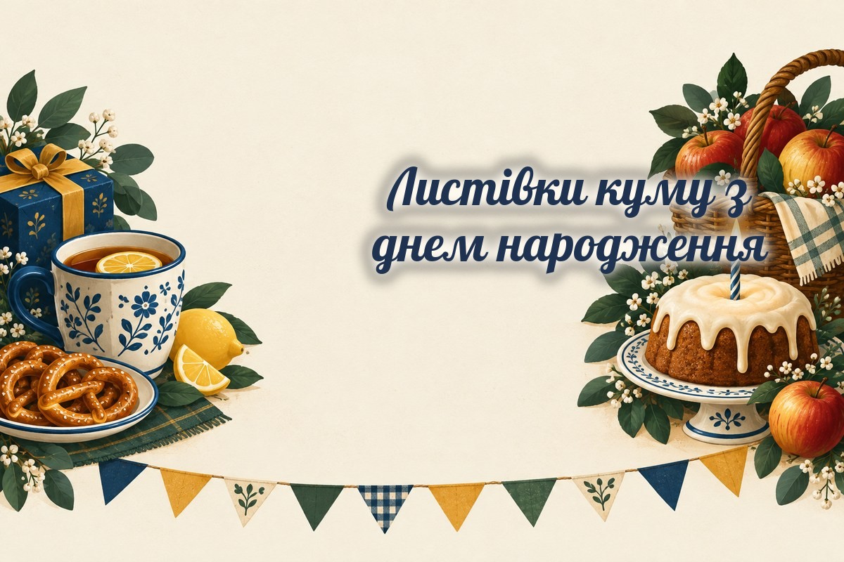 Листівки куму: чай з лимоном, кошик яблук і торт