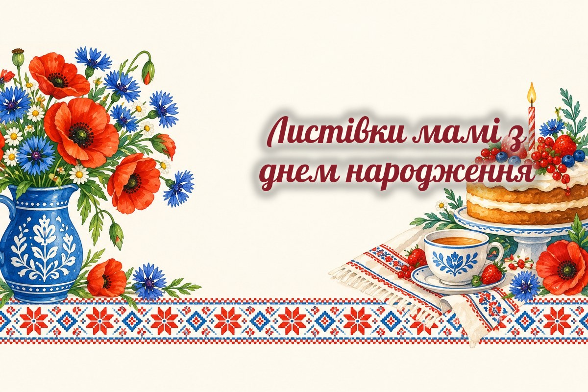 Листівки мамі: маки, волошки і торт на вишитому рушнику