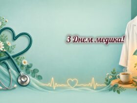 Листівки з Днем медика: стетоскоп-серце, білий халат і чашка кави на нічній зміні
