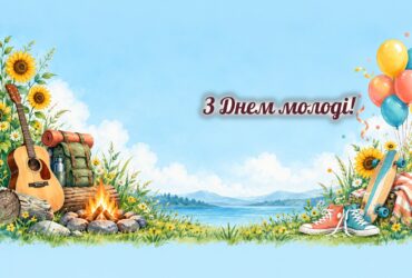 Листівки з Днем молоді: гітара біля вогнища, кросівки і скейтборд, кульки та конфеті