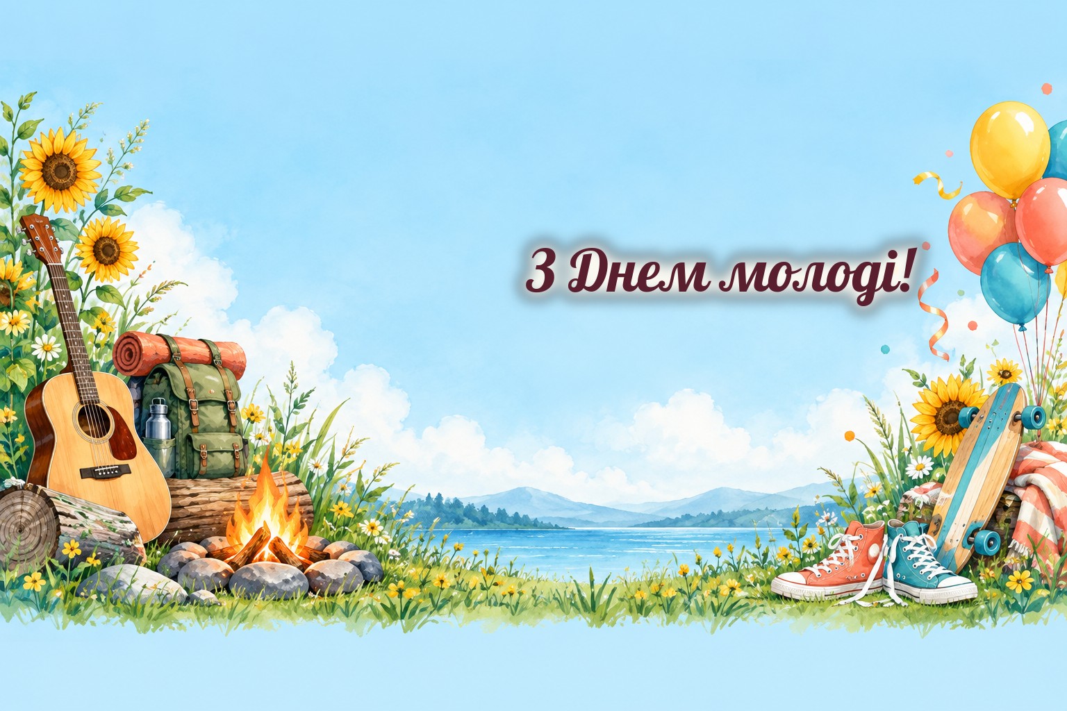 Листівки з Днем молоді: гітара біля вогнища, кросівки і скейтборд, кульки та конфеті