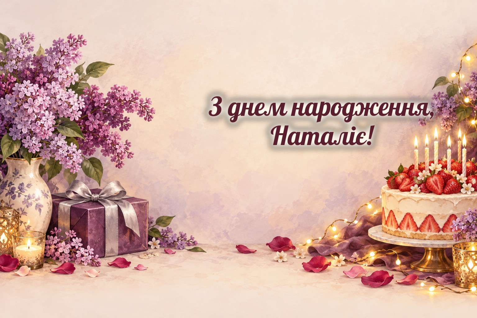 З днем народження, Наталіє: бузок, полуничний торт і вогники