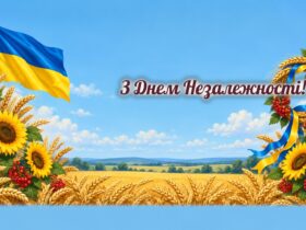 Листівки з Днем Незалежності: синьо-жовтий прапор над пшеничним полем, соняшники і вінок з колосків