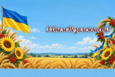 Листівки з Днем Незалежності: синьо-жовтий прапор над пшеничним полем, соняшники і вінок з колосків