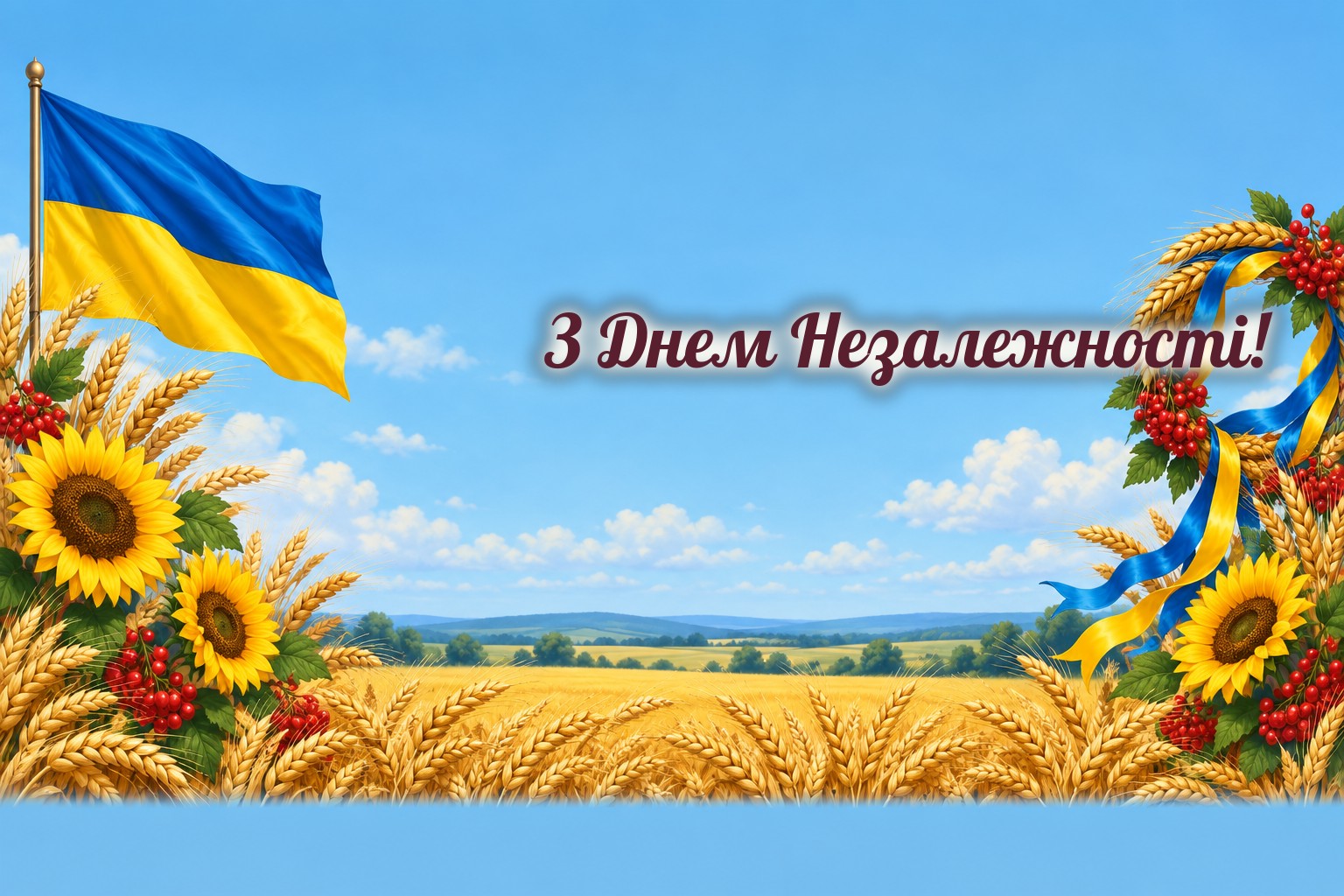 Листівки з Днем Незалежності: синьо-жовтий прапор над пшеничним полем, соняшники і вінок з колосків
