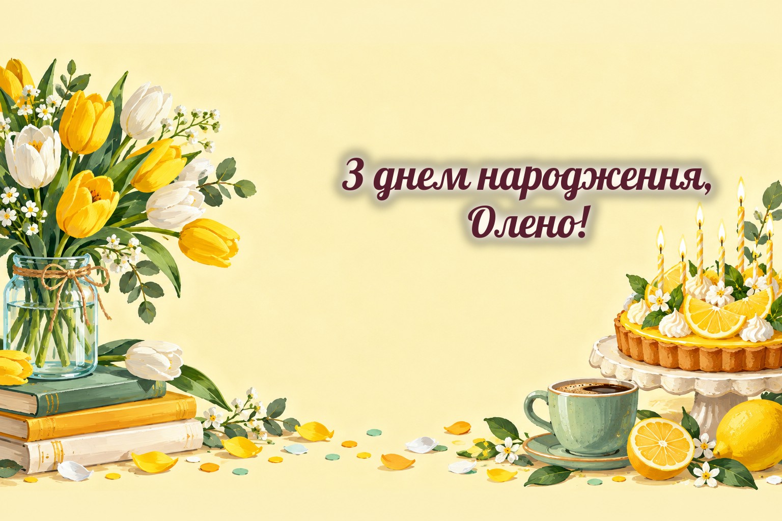 З днем народження, Олено: тюльпани, лимонний тарт зі свічками і кава