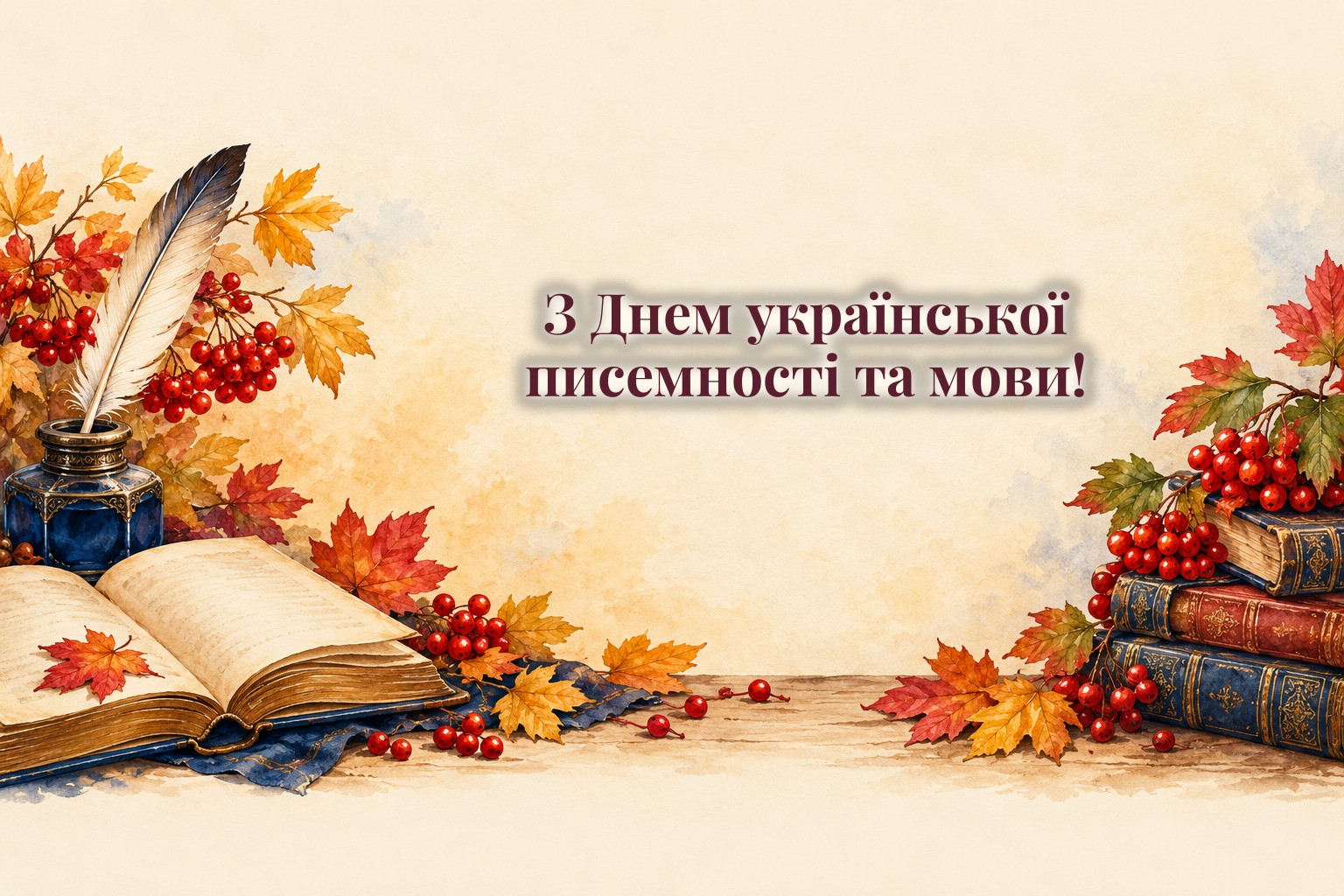 Листівки з Днем української писемності та мови: розгорнута книга, перо і калина