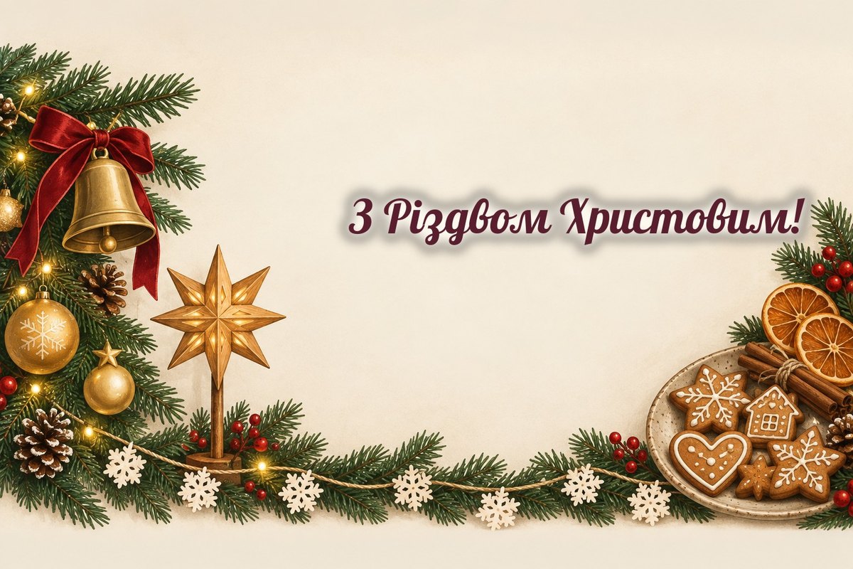 Листівки з Різдвом Христовим: ялинова гілка, дзвіночок, вертепна зірка і пряники