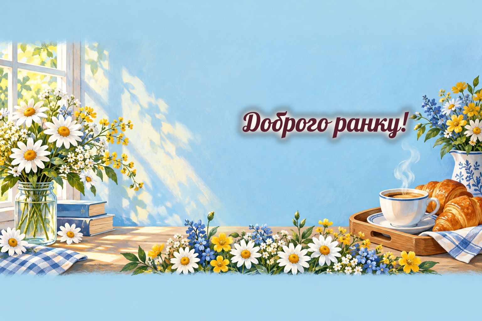 Листівки з добрим ранком: чашка кави, сонце у вікні і квіти
