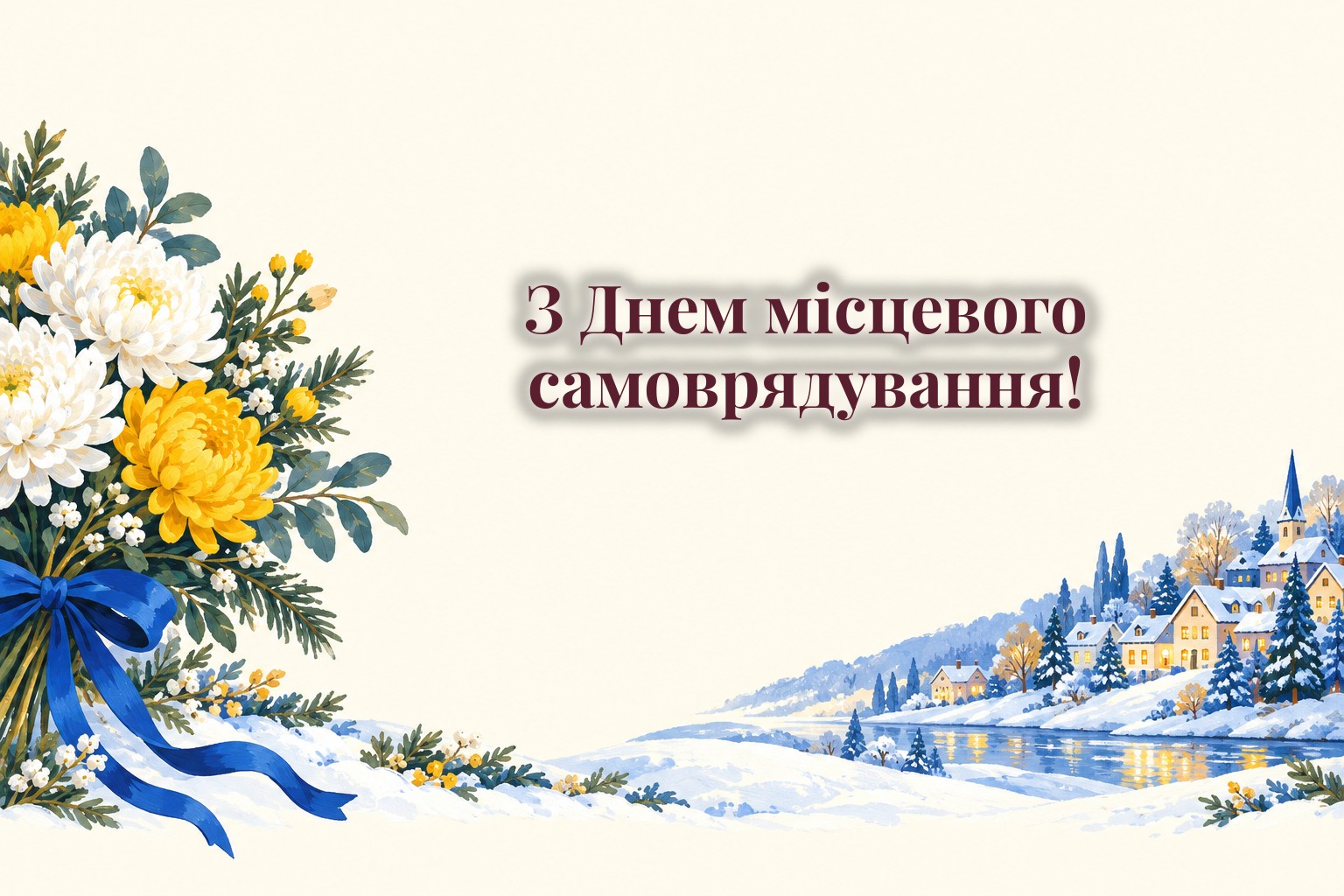 Листівки з Днем місцевого самоврядування: листівка з синьо-жовтою стрічкою і квіти